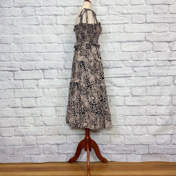 Rebecca Taylor Poplin Hidden Leopard Print Smocked Midi Dress - Picture 3 of 6